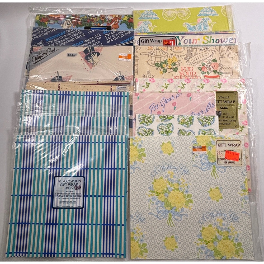 Vintage Gift Wrap Lot 14 Backs Birthday Wedding Baby Shower Avon Cleo Artfare